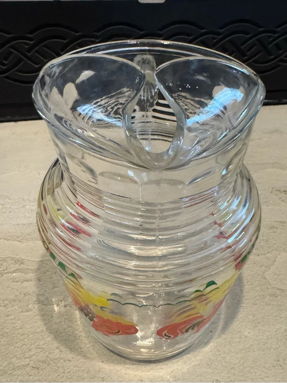 Vintage Clear Glass Pitcher with Bright Roosters - Great Design !